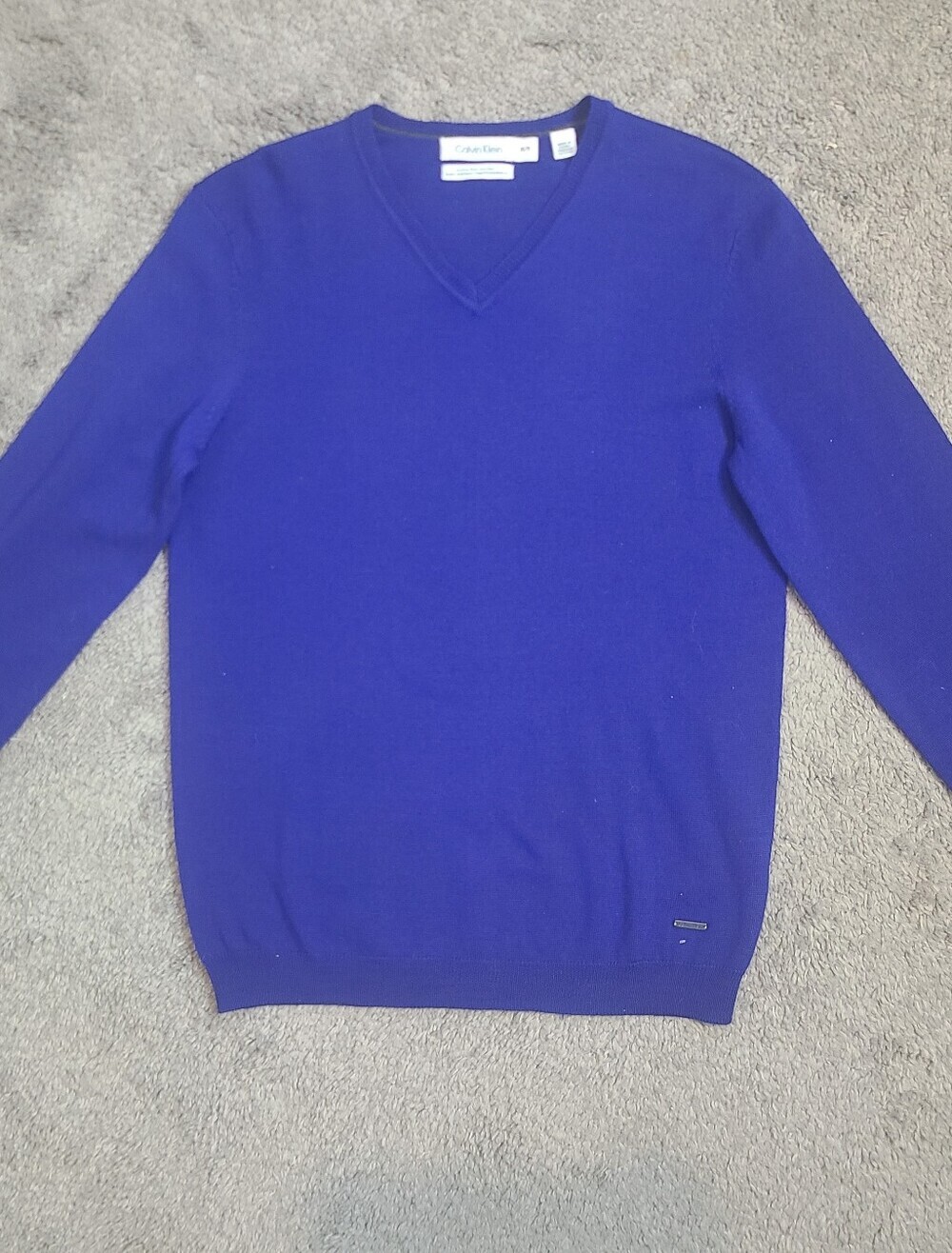 Calvin Klein 100% Merino Wool V Neck Fine Knit Sweater Cobalt Blue Size XS